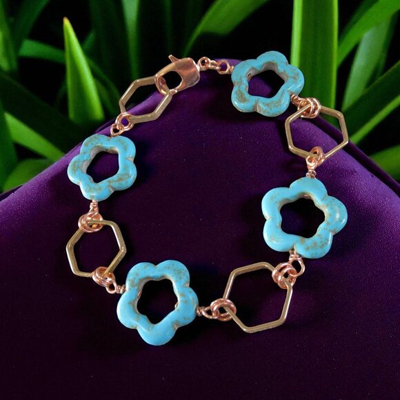 Turquoise Flower Bracelet, Turquoise Magnasite, Rose Gold - Picture 1 of 5